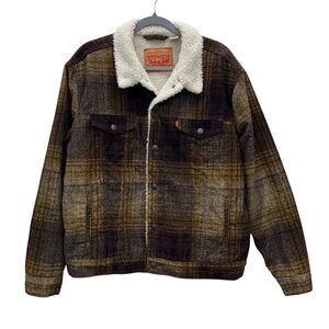 Levi's Men's Tan and Brown Plaid Jacket with Sherpa Collar
